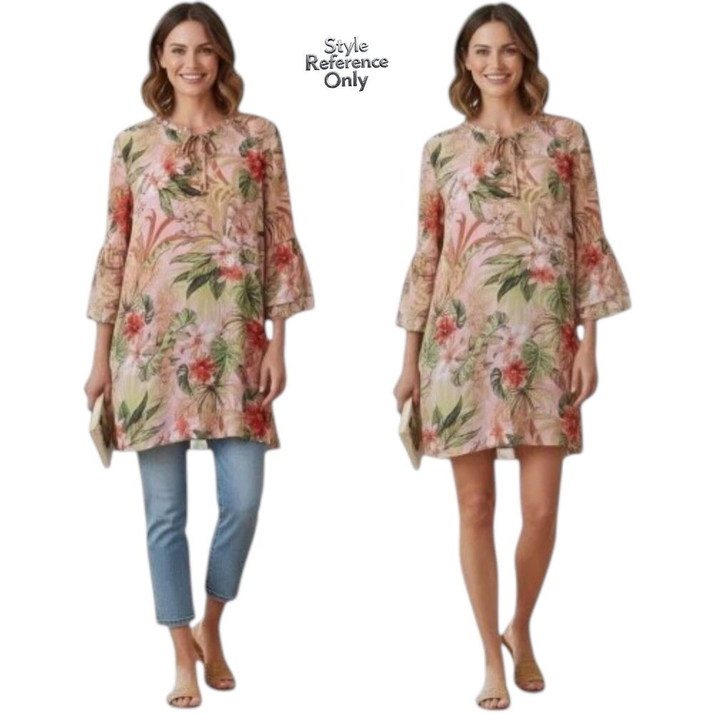 J.Jill Floral Tunic Dress Plus Size 2X Pink Bell Sleeve Boho Seashell Paradise